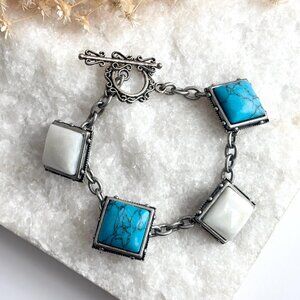 Faux Mother of Pearl & Turquoise Vintage Square Paneled Vintage Bracelet